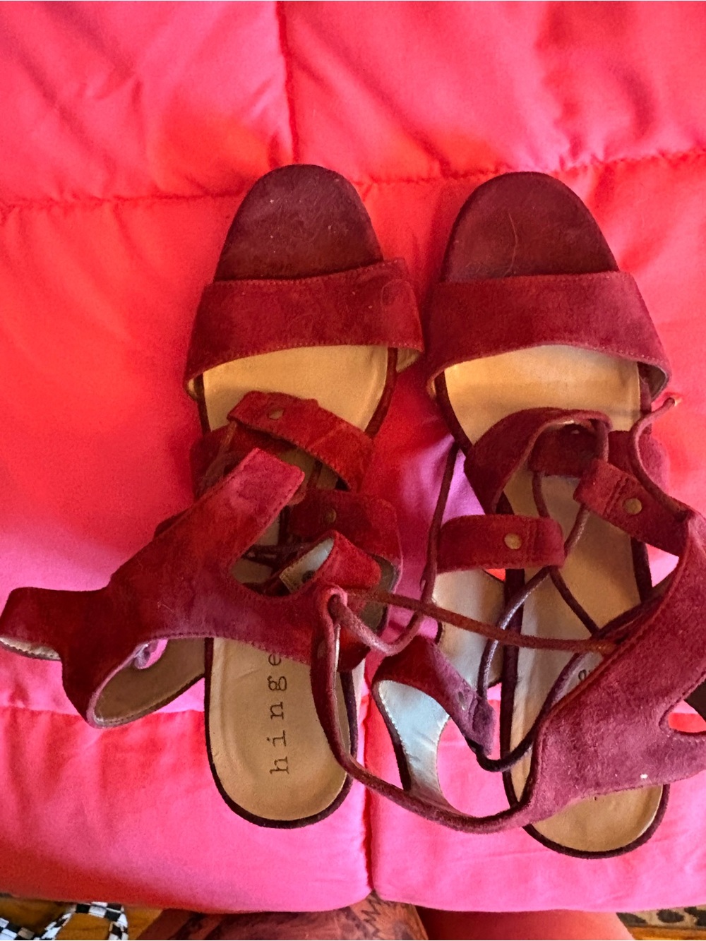 hinge Red Suede Lace-Up Heeled Sandals